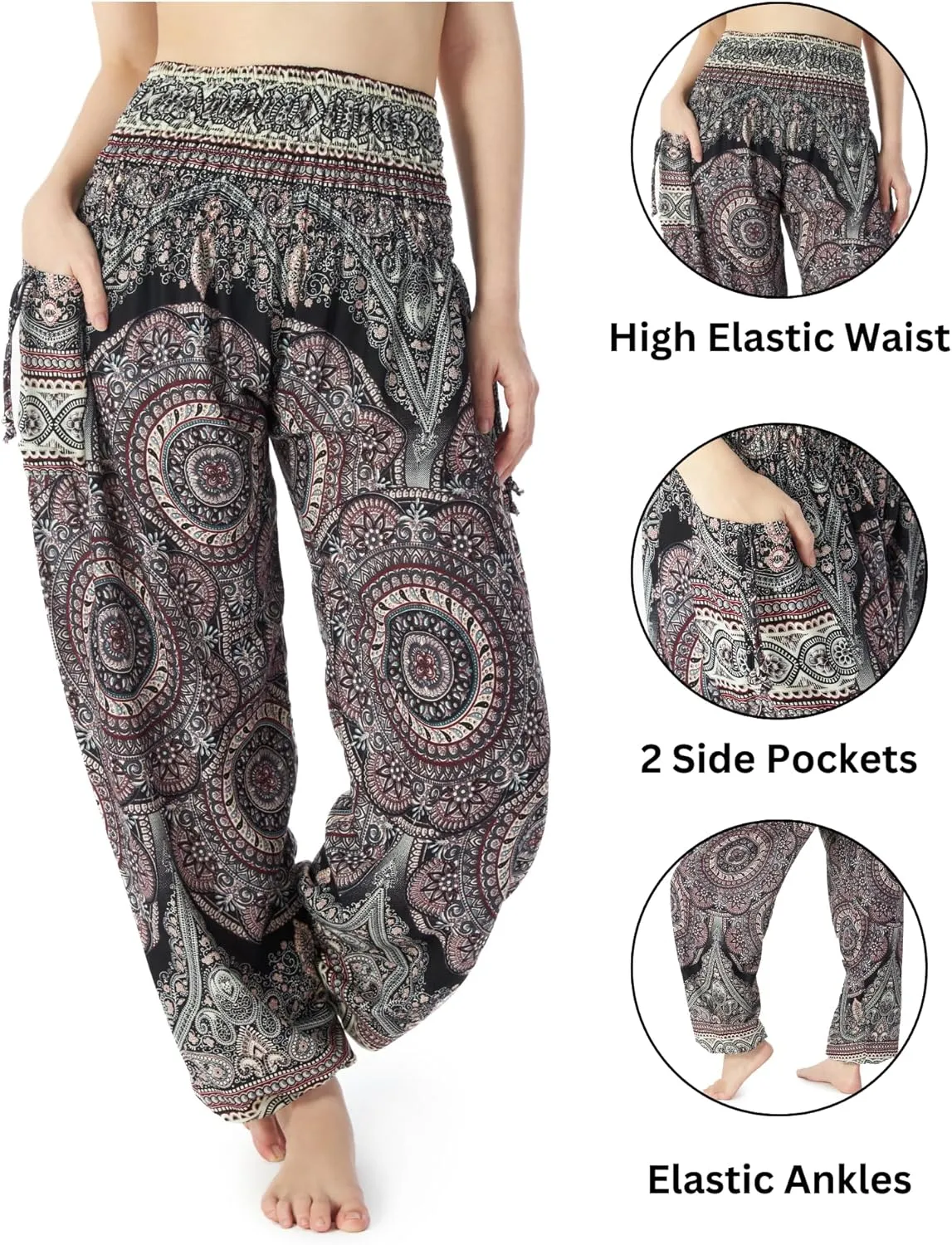 Lannaclothesdesign Women's Smocked Waist Boho Flowy Yoga Harem Pants Hippie Clothes