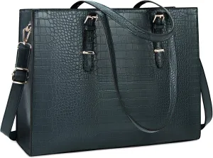 Laptop Bag for Women 15.6 Inch Laptop Tote Bag Leather Classy Computer Briefcase for Work Waterproof Handbag Professional Shoulder Bag Women Business Office Bag Large Capacity Dark Green
