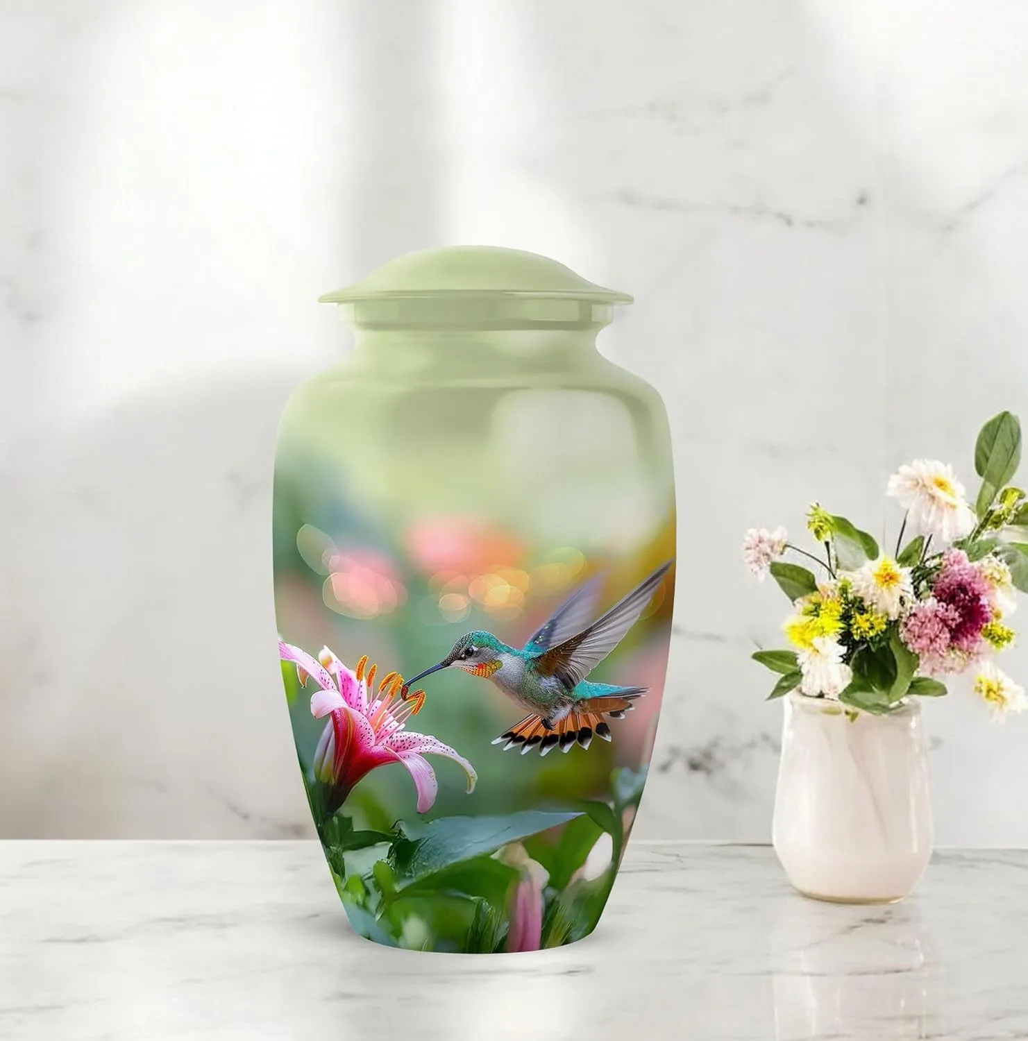Large Hummingbird Urn - 10 Inches - Green Urn for Ashes Adult Male - Urns for Human Ashes Adult Female Humming Bird - Cremation Urns - Mom Memorial - Ash Holder (Include Velvet Bag)