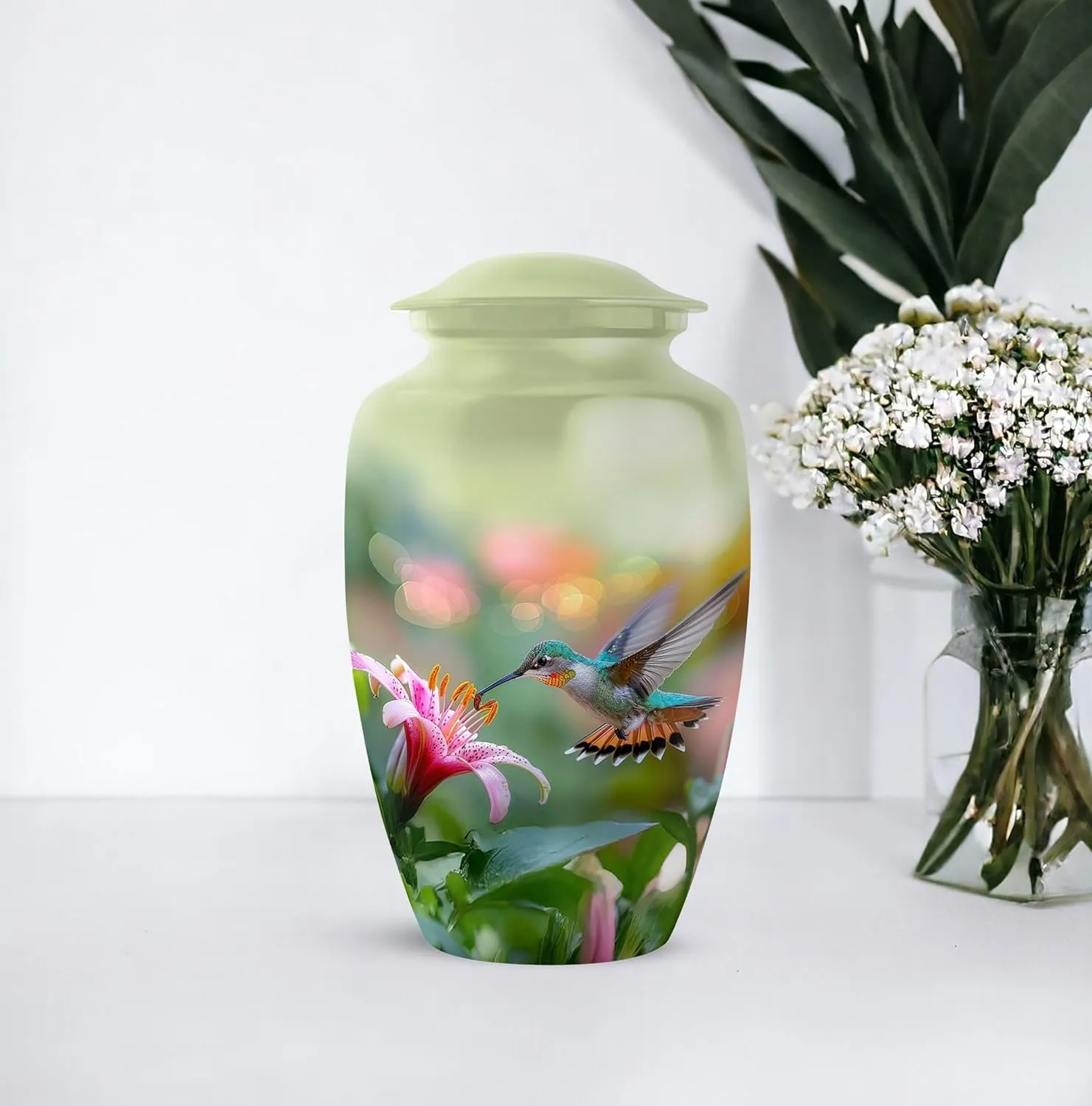 Large Hummingbird Urn - 10 Inches - Green Urn for Ashes Adult Male - Urns for Human Ashes Adult Female Humming Bird - Cremation Urns - Mom Memorial - Ash Holder (Include Velvet Bag)