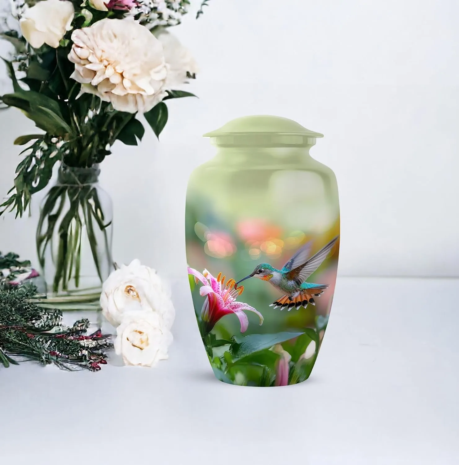 Large Hummingbird Urn - 10 Inches - Green Urn for Ashes Adult Male - Urns for Human Ashes Adult Female Humming Bird - Cremation Urns - Mom Memorial - Ash Holder (Include Velvet Bag)