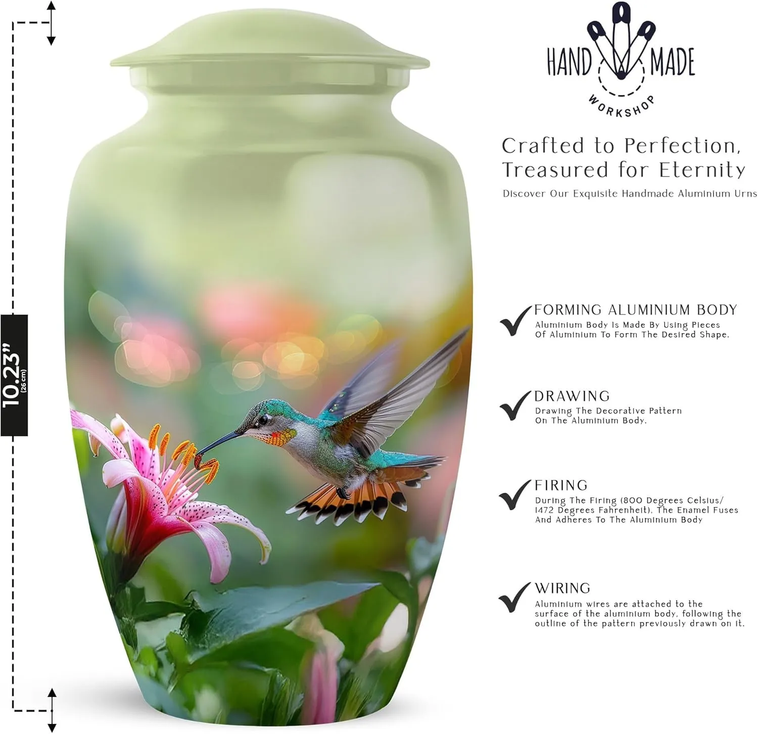 Large Hummingbird Urn - 10 Inches - Green Urn for Ashes Adult Male - Urns for Human Ashes Adult Female Humming Bird - Cremation Urns - Mom Memorial - Ash Holder (Include Velvet Bag)