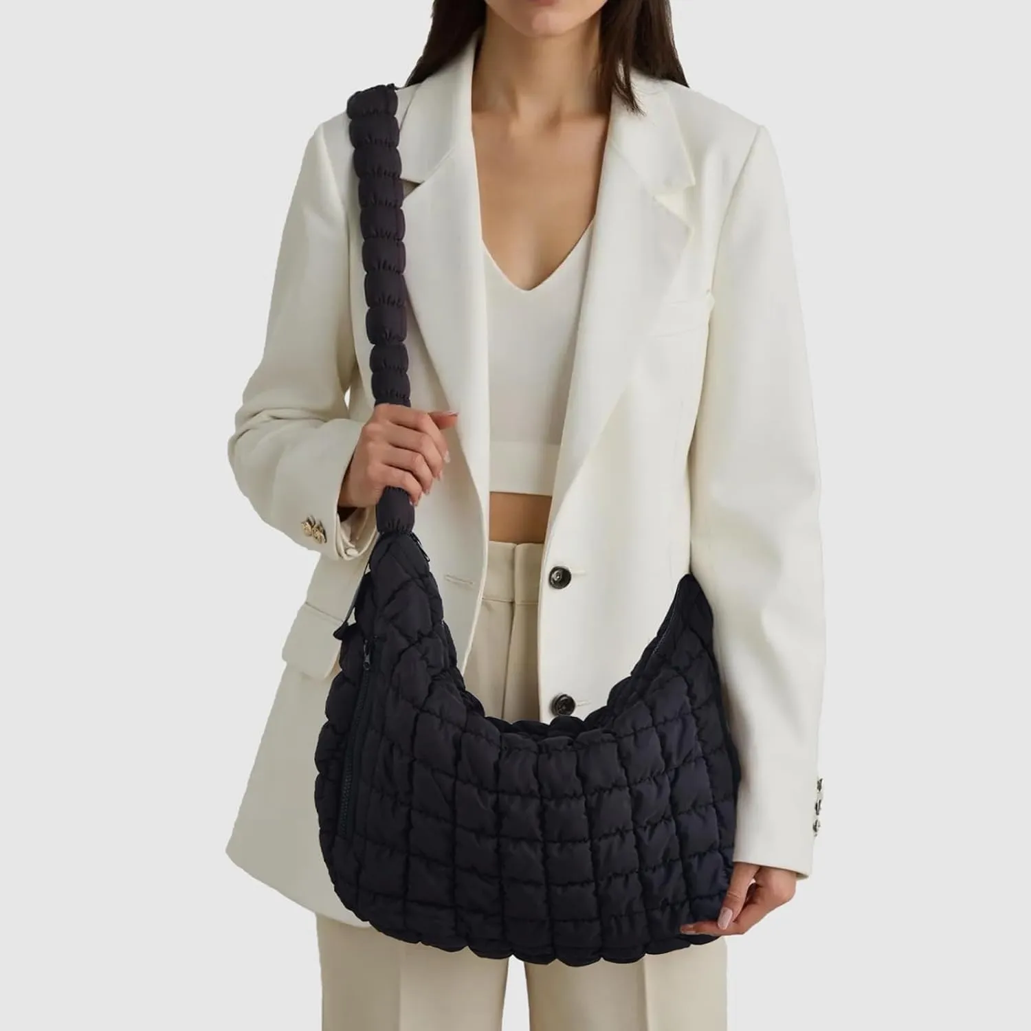 Large Puffer Tote Bag Quilted Hobo Shoulder Bag Overnight Black Crossbody Puffy Bag for Gym Women Travel Purse