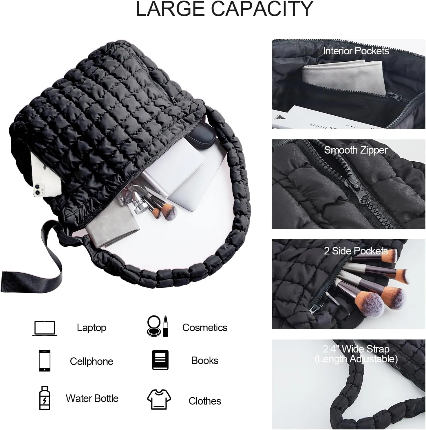 Large Puffer Tote Bag Quilted Hobo Shoulder Bag Overnight Black Crossbody Puffy Bag for Gym Women Travel Purse