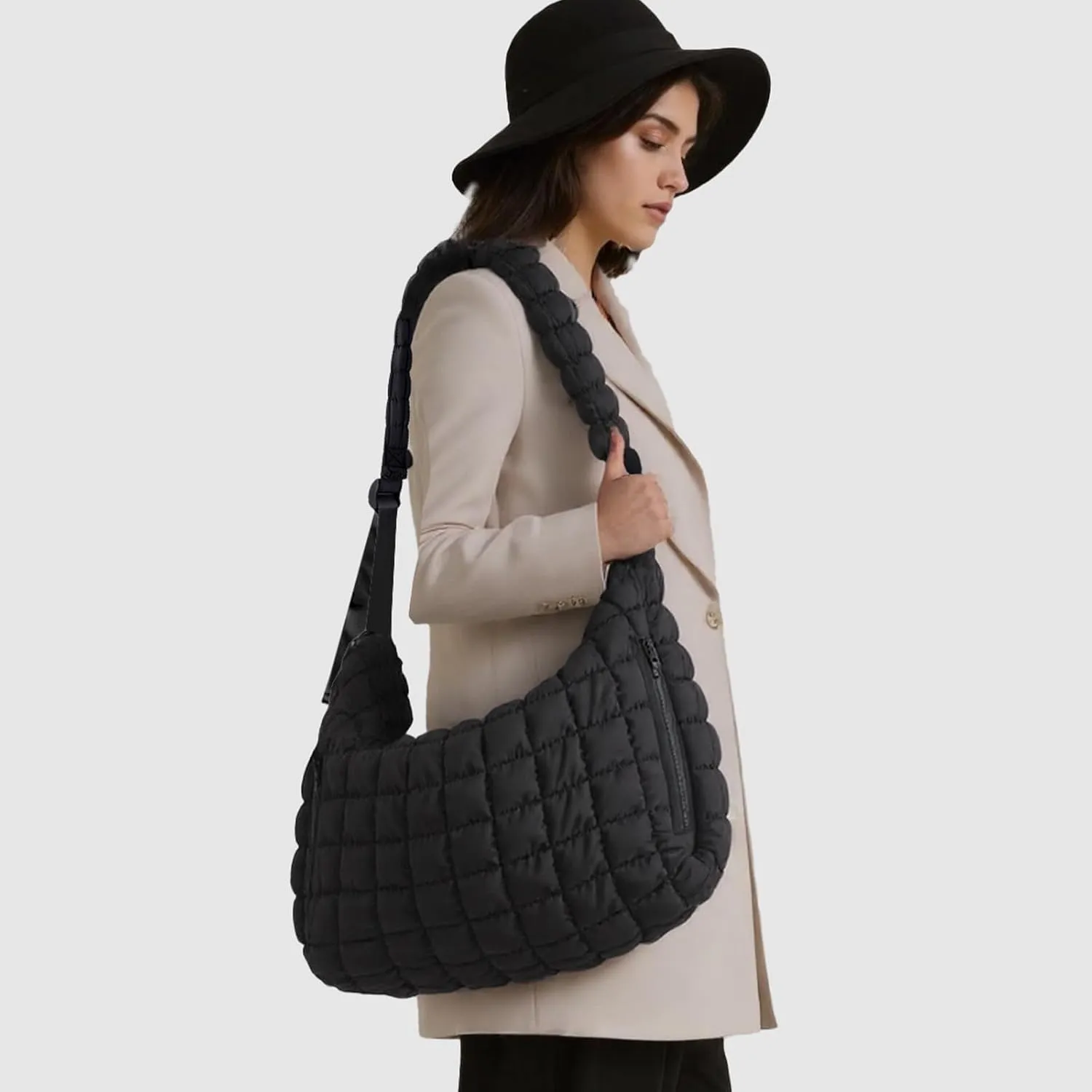 Large Puffer Tote Bag Quilted Hobo Shoulder Bag Overnight Black Crossbody Puffy Bag for Gym Women Travel Purse