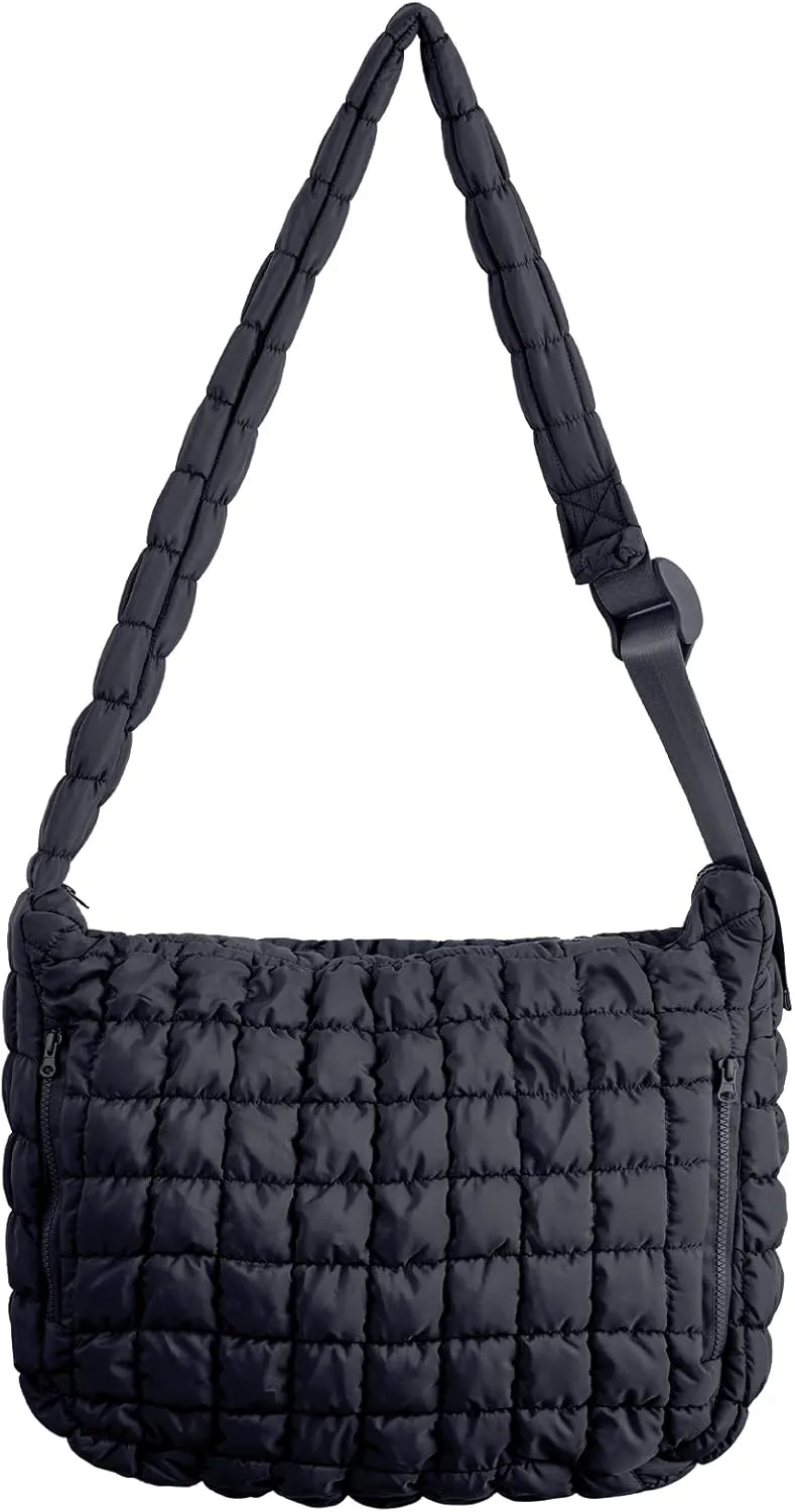 Large Puffer Tote Bag Quilted Hobo Shoulder Bag Overnight Black Crossbody Puffy Bag for Gym Women Travel Purse