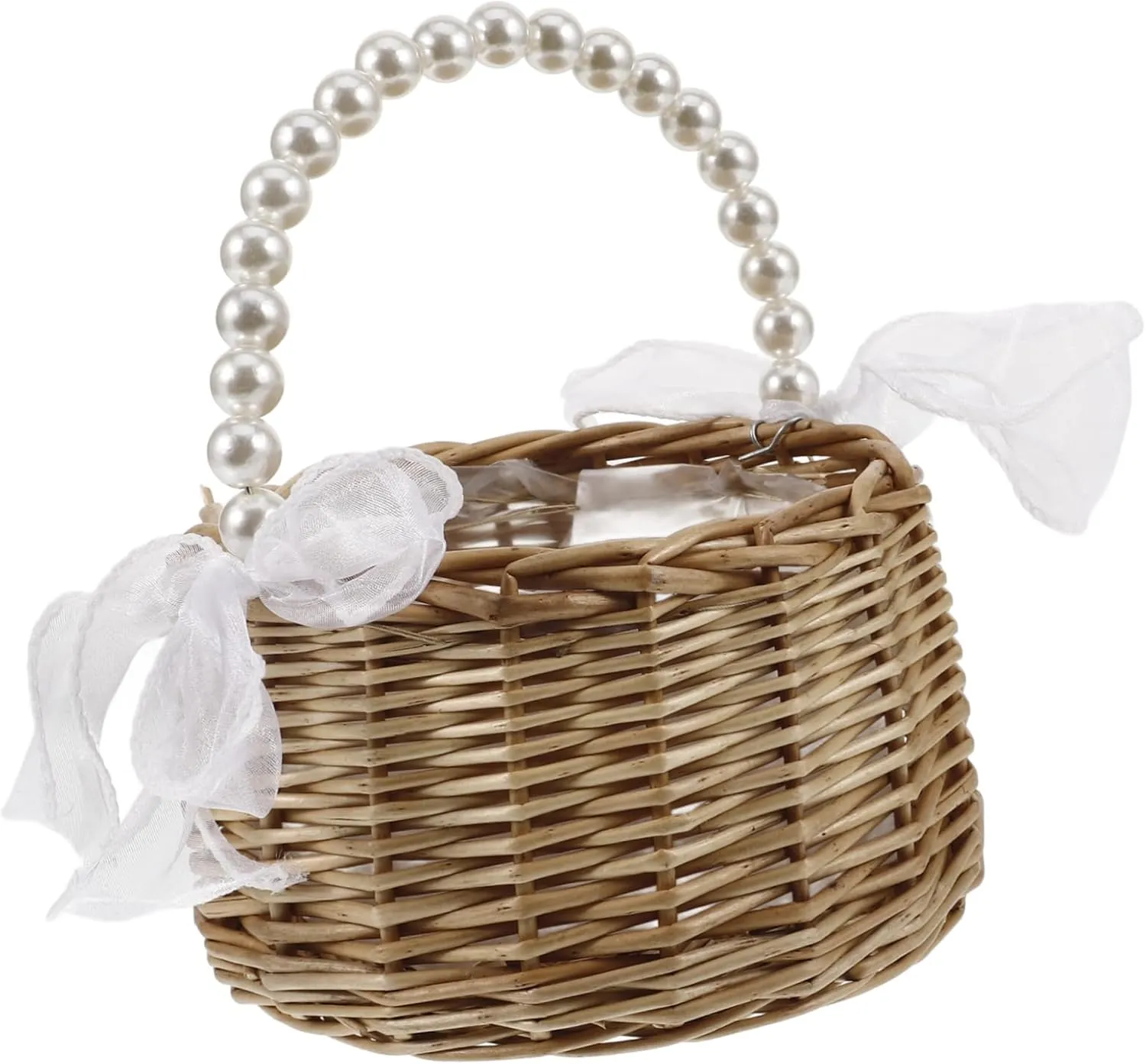 Large Wicker Tote Bag Rattan Tote with Imitation Pearl Handle Bow Decor for Women