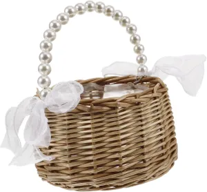 Large Wicker Tote Bag Rattan Tote with Imitation Pearl Handle Bow Decor for Women