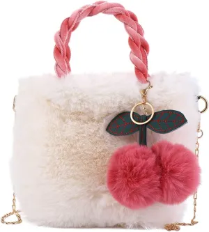 Leadigol Cherry Fluffy Shoulder Bag Plush Handbag,Female Handbag Cute Coin Purse Square Bag Chains Bag Crossbody Bag Women Shoulder Bag Purse Large Capacity Winter Tote Bag Plush Handbag