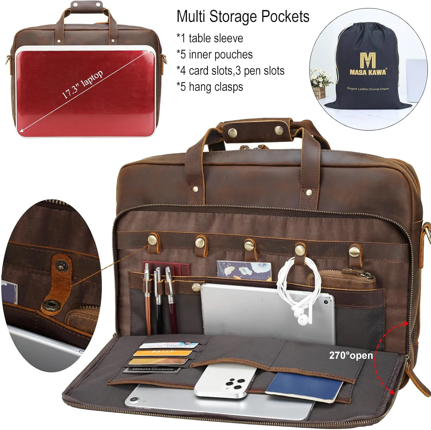 Leather Briefcase for Men 17 Inch Laptop Crossbody Shoulder Messenger Bag Attache Case for Business Travel Work Lawyer