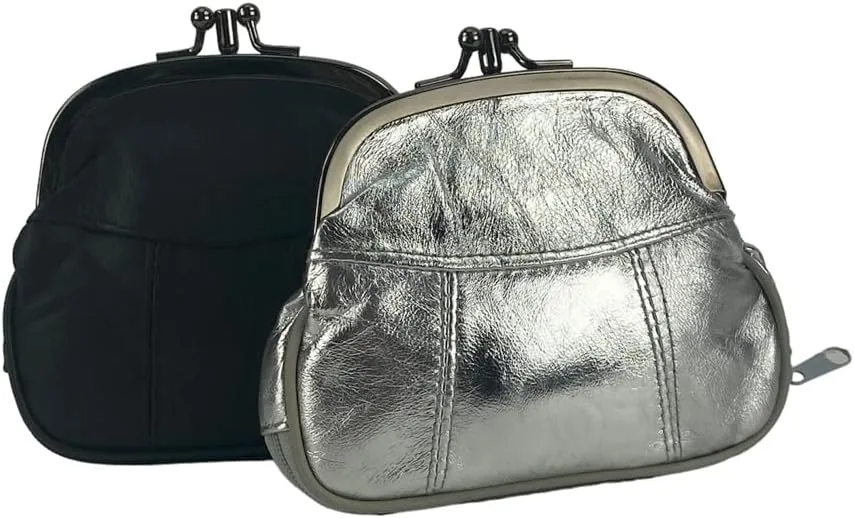 Leather Impressions Double Coin Purse for Women - Genuine Leather Coin Purse with Twist Clasp, 1 zipper pocket, 2 pack lightweight - Timeless clean stitched Small Coin Purse (Back, Silver)