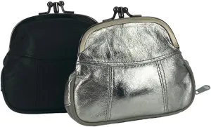 Leather Impressions Double Coin Purse for Women - Genuine Leather Coin Purse with Twist Clasp, 1 zipper pocket, 2 pack lightweight - Timeless clean stitched Small Coin Purse (Back, Silver)