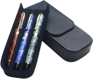 Leather Triple Pen Case Pencil Pouch Holder for Three Fountain Ballpoint Rollerball Pens and Pencils Gift Choice for Man/Woman/Office (blue)