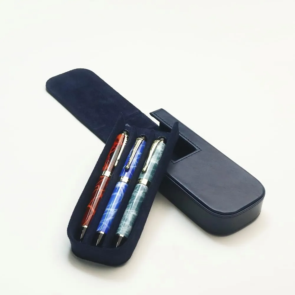 Leather Triple Pen Case Pencil Pouch Holder for Three Fountain Ballpoint Rollerball Pens and Pencils Gift Choice for Man/Woman/Office (blue)