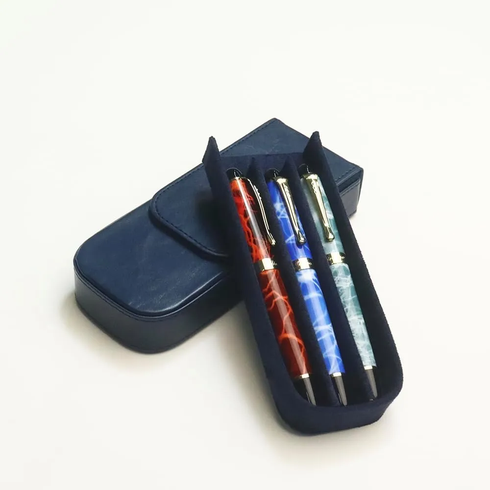 Leather Triple Pen Case Pencil Pouch Holder for Three Fountain Ballpoint Rollerball Pens and Pencils Gift Choice for Man/Woman/Office (blue)