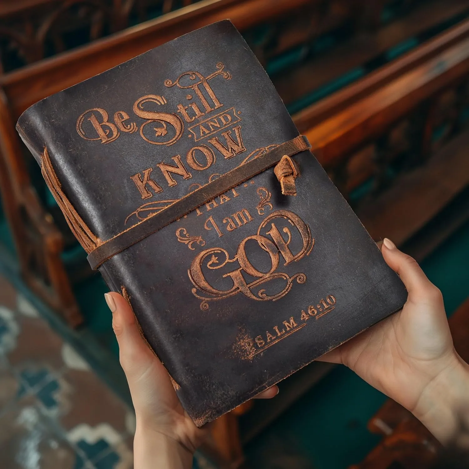 LEATHER VILLAGE Embossed Prayer Journal Psalm 46:10-8x6 Inch (A5) Leather Bound Bible Study Journal - 200 Pages Handmade Cotton Deckle Edge Paper - Cappuccino Brown