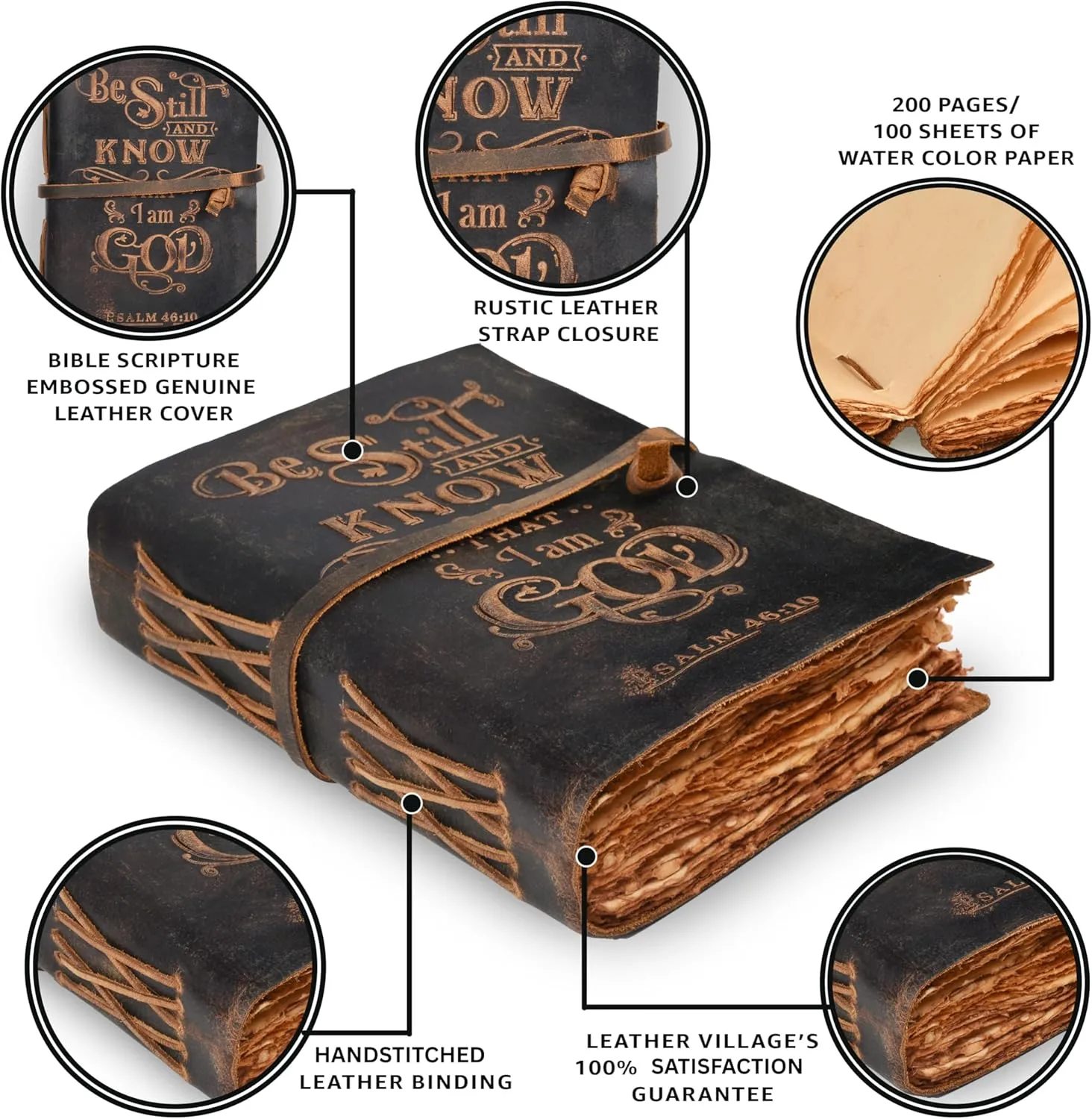 LEATHER VILLAGE Embossed Prayer Journal Psalm 46:10-8x6 Inch (A5) Leather Bound Bible Study Journal - 200 Pages Handmade Cotton Deckle Edge Paper - Cappuccino Brown