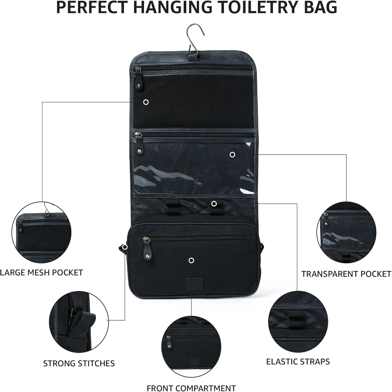LEATHER VILLAGE Hanging Toiletry Bag for Men & Women, Handcrafted Vintage Cosmetic & Shaving Organizer Travel Dopp Kit- Black
