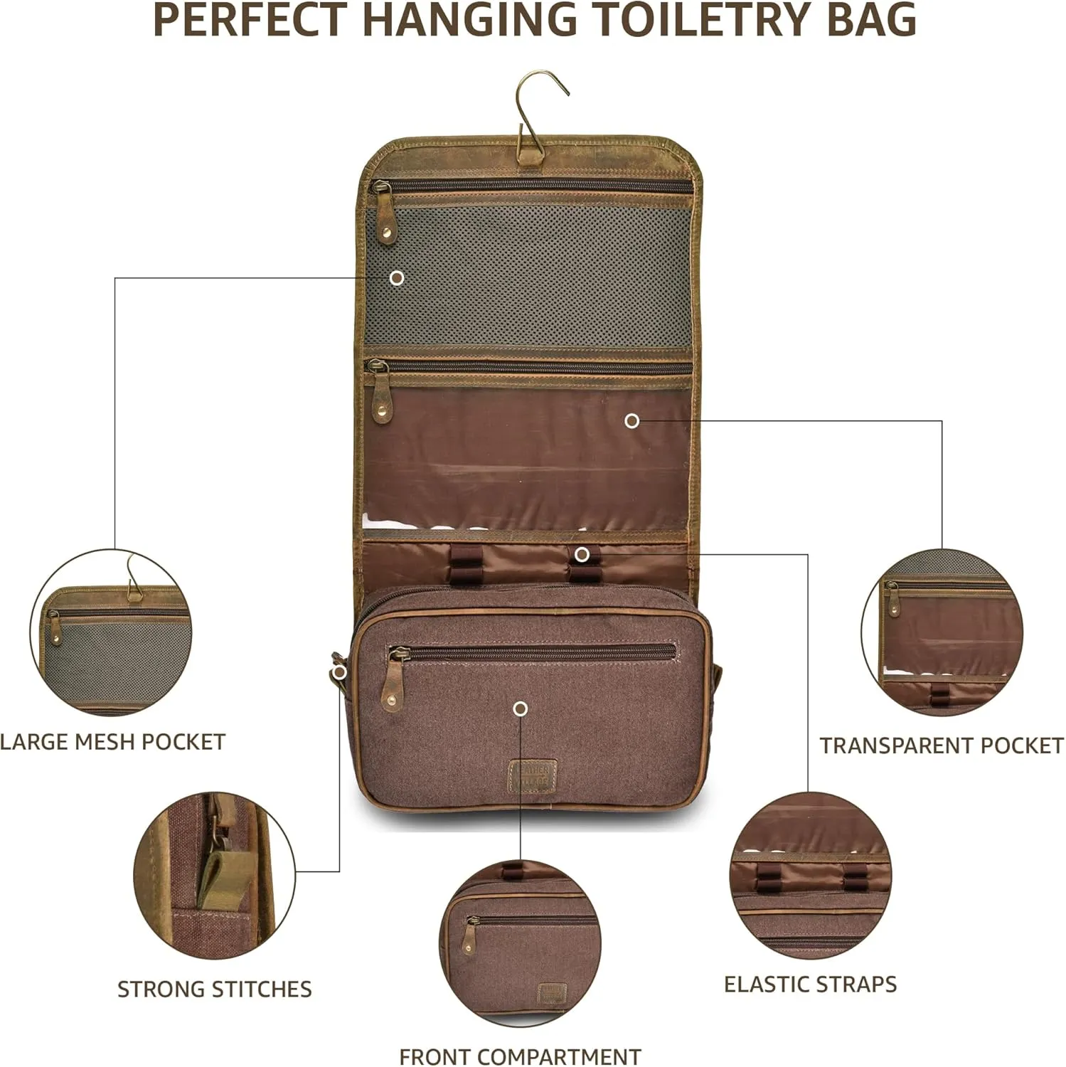 LEATHER VILLAGE Hanging Toiletry Bag for Men & Women, Handcrafted Vintage Cosmetic & Shaving Organizer Travel Dopp Kit- Mud