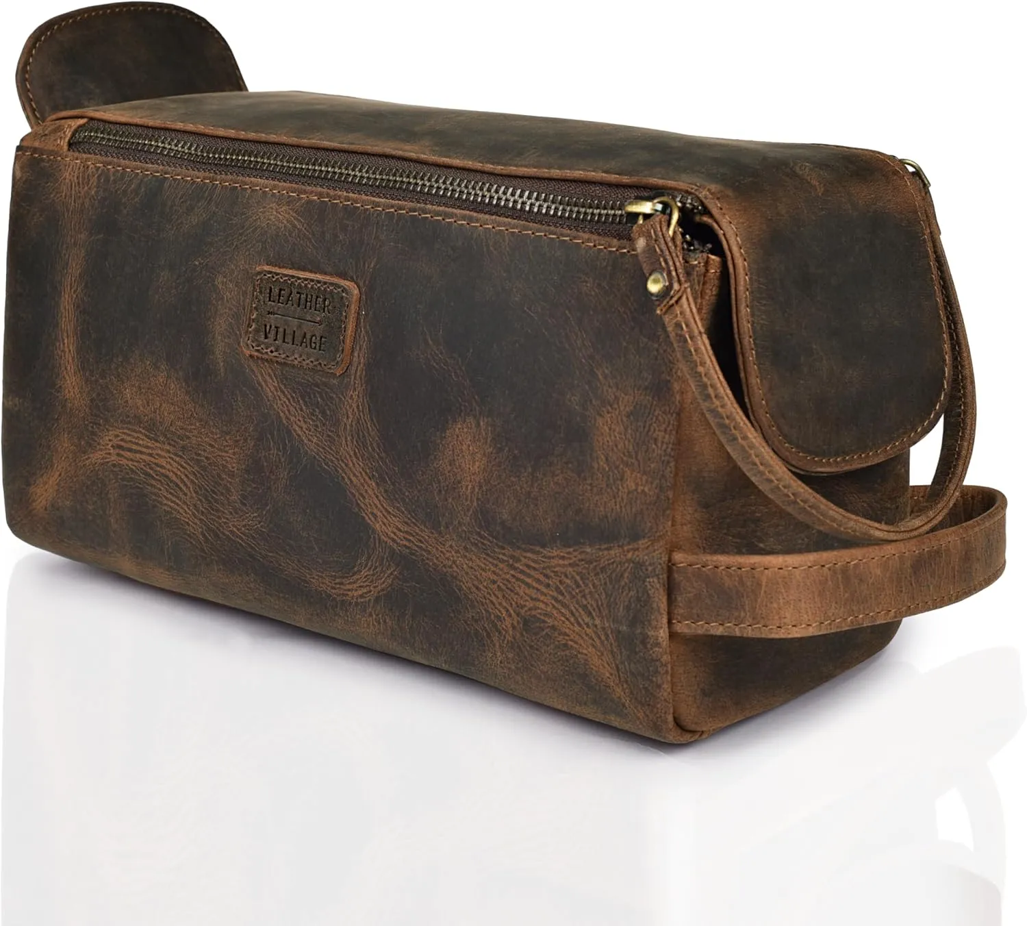 LEATHER VILLAGE Premium Leather Travel Toiletry Bag - Unisex Water-Resistant Travel Dopp Kit, Shaving & Cosmetic Organizer for Men & Women - Compact Bathroom Essentials - Rustic Brown