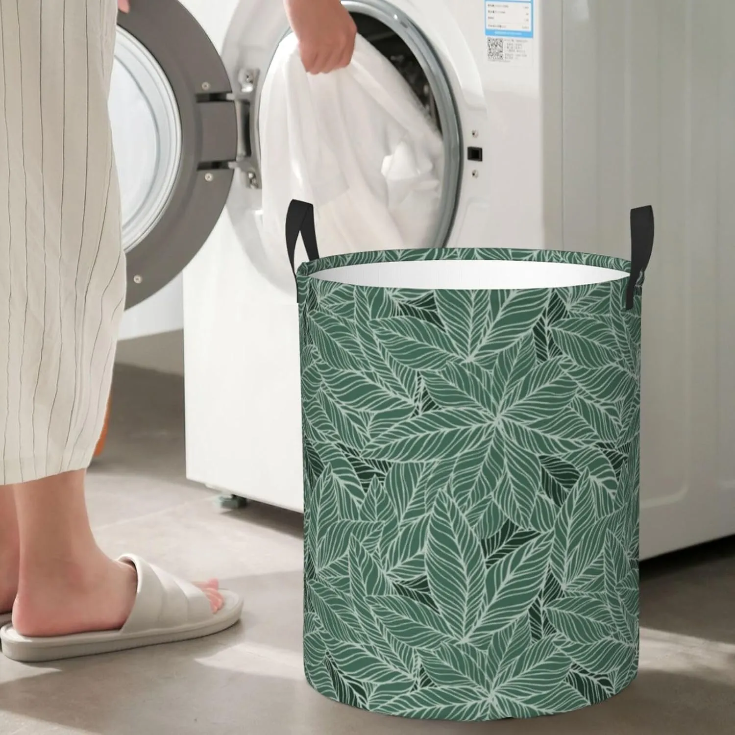 Leaves Laundry Basket Boho Laundry Basket Green Laundry Basket Collapsible Foldable Waterproof Floral Laundry Hamper Dirty Clothes Storage Bucket For Household Bedroom, Bathroom, College Dorm
