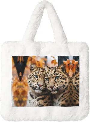 Leopard Love Large Tote Bag For Women - Soft Winter Fluffy Fuzzy Furry, Plush Underarm Bags
