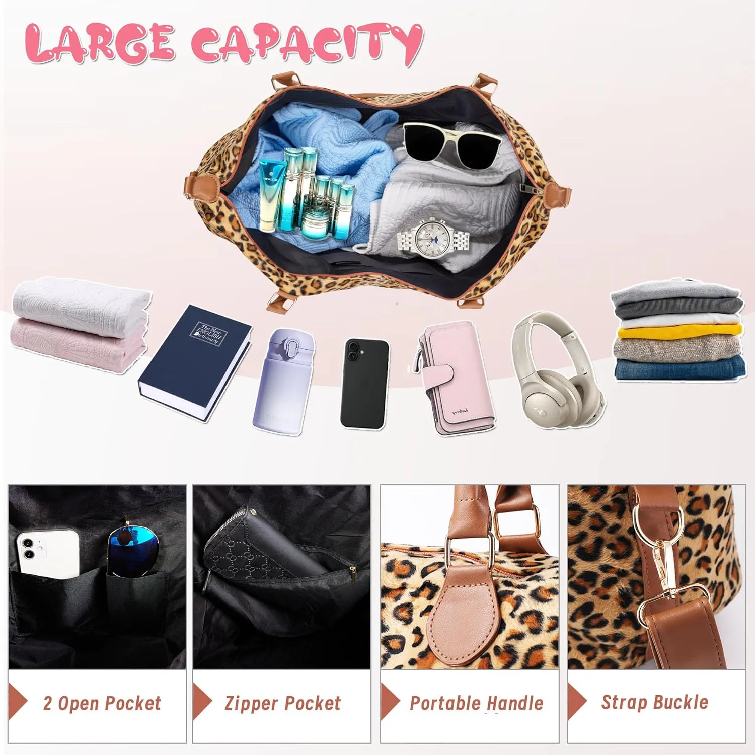 Leopard Print Duffle Bag Extra Large, Stylish Weekender Bags for Travel, Cheetah Pattern Overnight Bag Surface Waterproof, Lightweight Carry on Western Gifts for Women