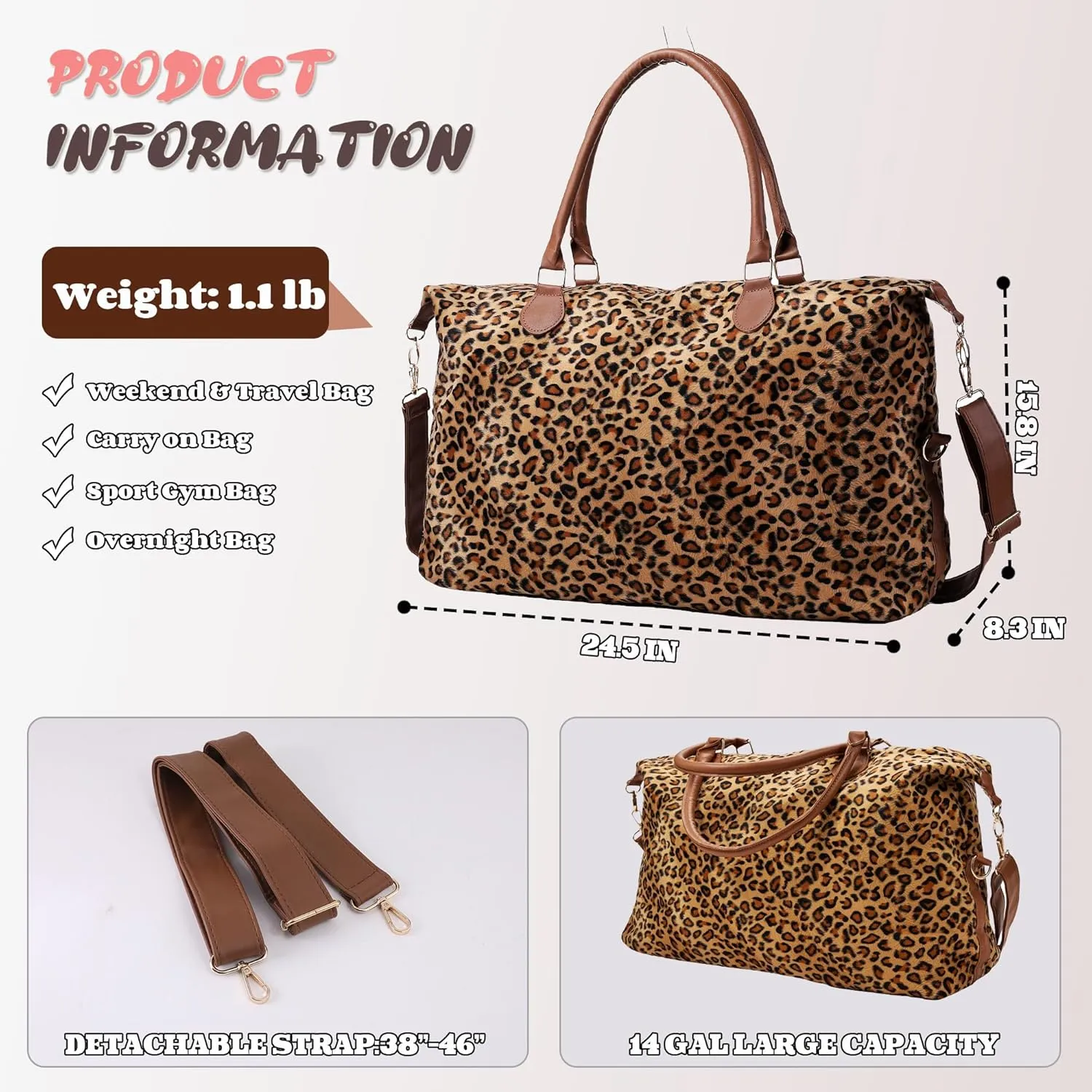 Leopard Print Duffle Bag Extra Large, Stylish Weekender Bags for Travel, Cheetah Pattern Overnight Bag Surface Waterproof, Lightweight Carry on Western Gifts for Women
