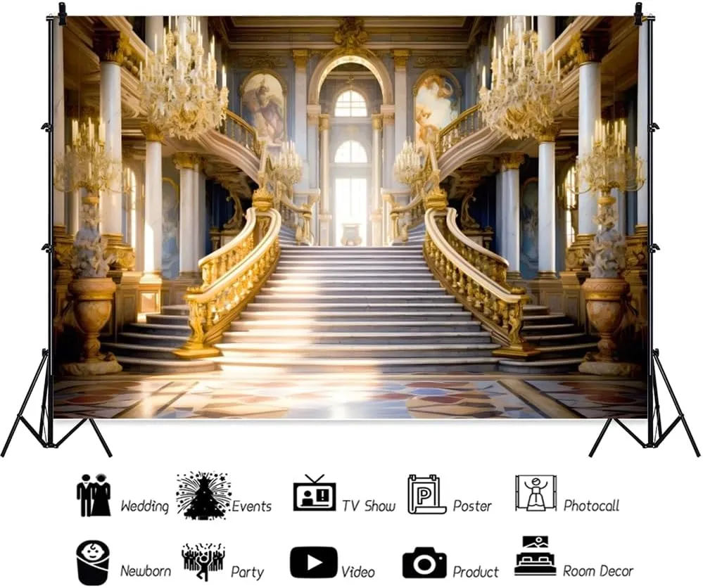 Leowefowa 10x8ft Retro Luxury Palace Photography Backdrop Gold Luxury Hall Stairway Background Royal Palace Chandelier Staircase Wedding Birthday Party Banner Decor Photo Supplies Prop