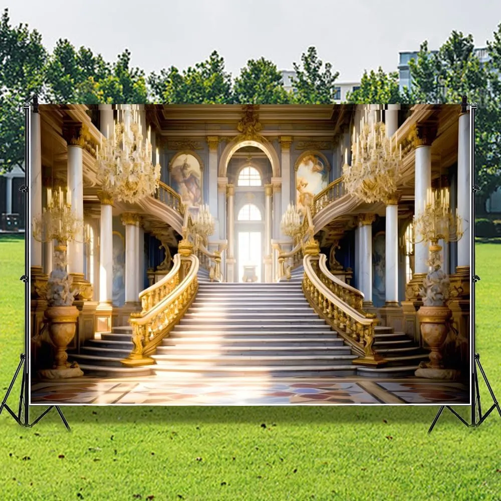 Leowefowa 10x8ft Retro Luxury Palace Photography Backdrop Gold Luxury Hall Stairway Background Royal Palace Chandelier Staircase Wedding Birthday Party Banner Decor Photo Supplies Prop