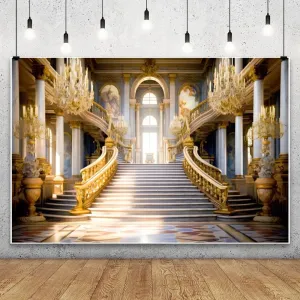 Leowefowa 10x8ft Retro Luxury Palace Photography Backdrop Gold Luxury Hall Stairway Background Royal Palace Chandelier Staircase Wedding Birthday Party Banner Decor Photo Supplies Prop