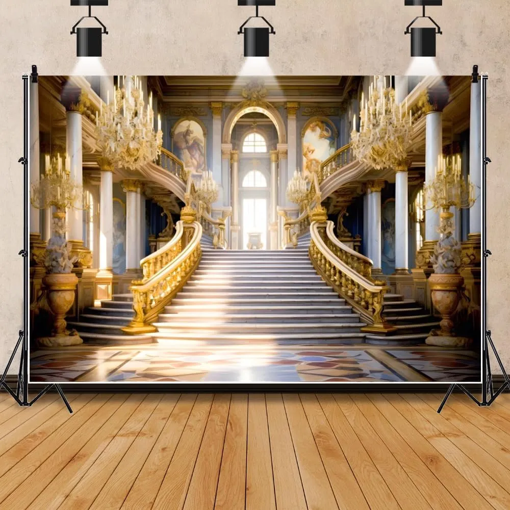 Leowefowa 10x8ft Retro Luxury Palace Photography Backdrop Gold Luxury Hall Stairway Background Royal Palace Chandelier Staircase Wedding Birthday Party Banner Decor Photo Supplies Prop