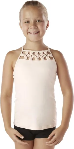 Liakada Girls Prima Elegant Macremé Racerback Tank Top with Integrated Bra Shelf Liner Dance, Gym, Yoga, Cheer!