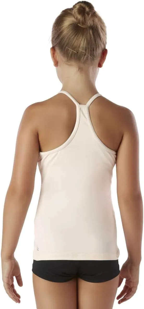 Liakada Girls Prima Elegant Macremé Racerback Tank Top with Integrated Bra Shelf Liner Dance, Gym, Yoga, Cheer!