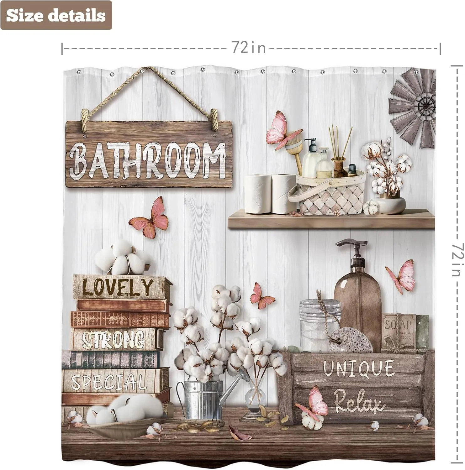 LIGHTINHOME Farmhouse Shower Curtain 72Wx72H Inches Rustic Western Wooden Inspirational Quotes Country Floral Retro Plank Butterfly Cloth Fabric Waterproof Polyester Bathroom Home Decor Set with Hooks