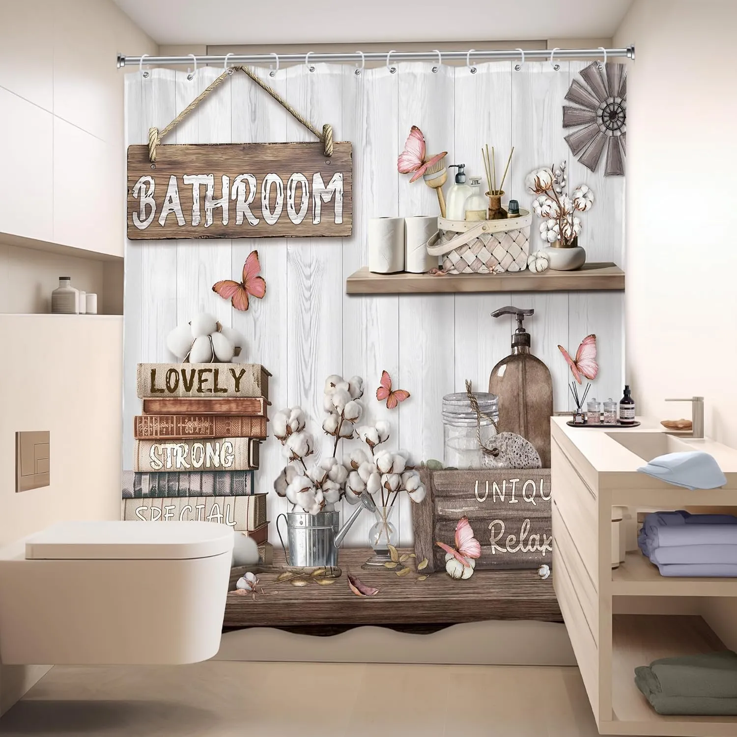 LIGHTINHOME Farmhouse Shower Curtain 72Wx72H Inches Rustic Western Wooden Inspirational Quotes Country Floral Retro Plank Butterfly Cloth Fabric Waterproof Polyester Bathroom Home Decor Set with Hooks