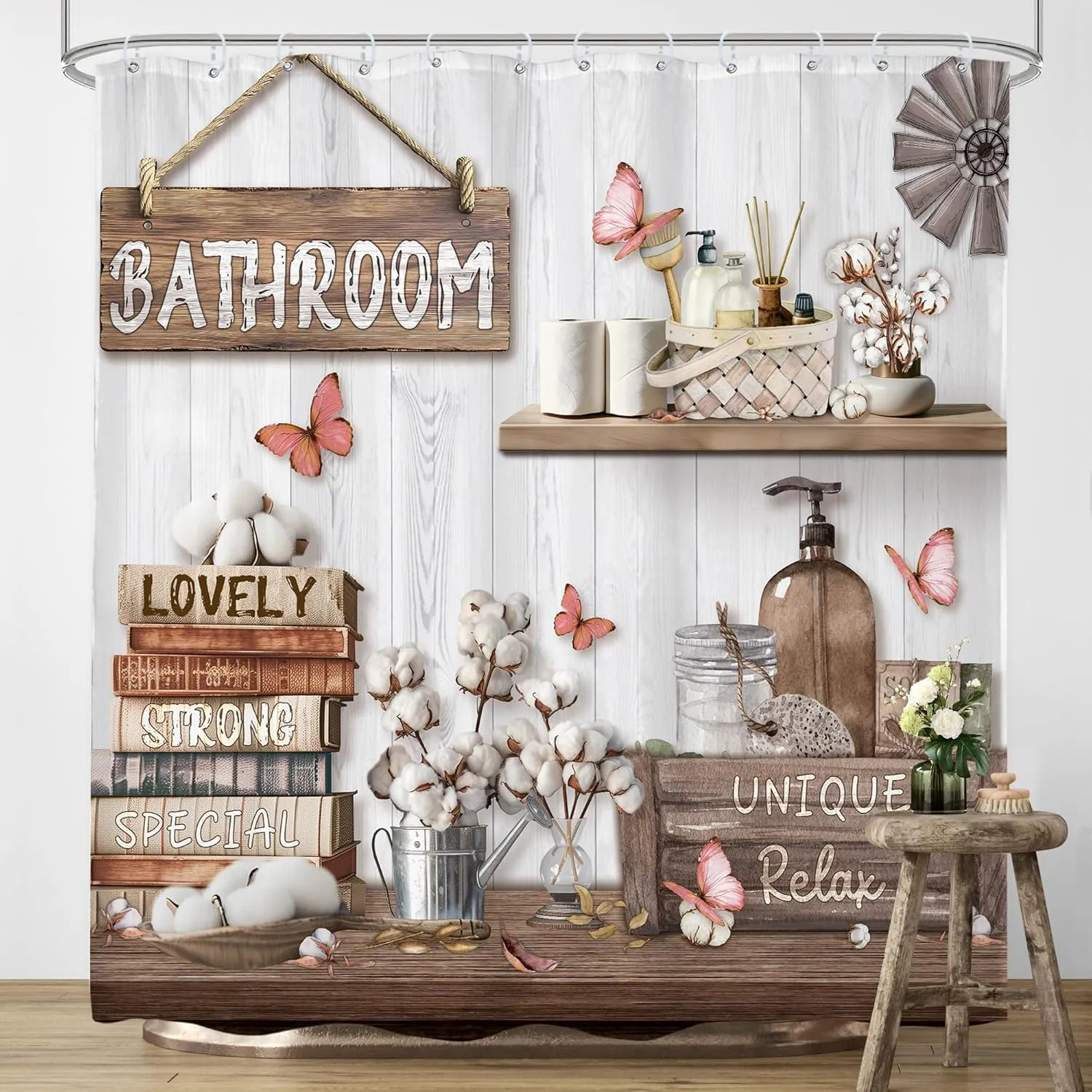 LIGHTINHOME Farmhouse Shower Curtain 72Wx72H Inches Rustic Western Wooden Inspirational Quotes Country Floral Retro Plank Butterfly Cloth Fabric Waterproof Polyester Bathroom Home Decor Set with Hooks