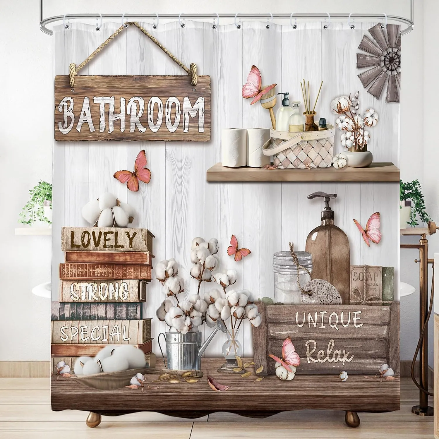 LIGHTINHOME Farmhouse Shower Curtain 72Wx72H Inches Rustic Western Wooden Inspirational Quotes Country Floral Retro Plank Butterfly Cloth Fabric Waterproof Polyester Bathroom Home Decor Set with Hooks