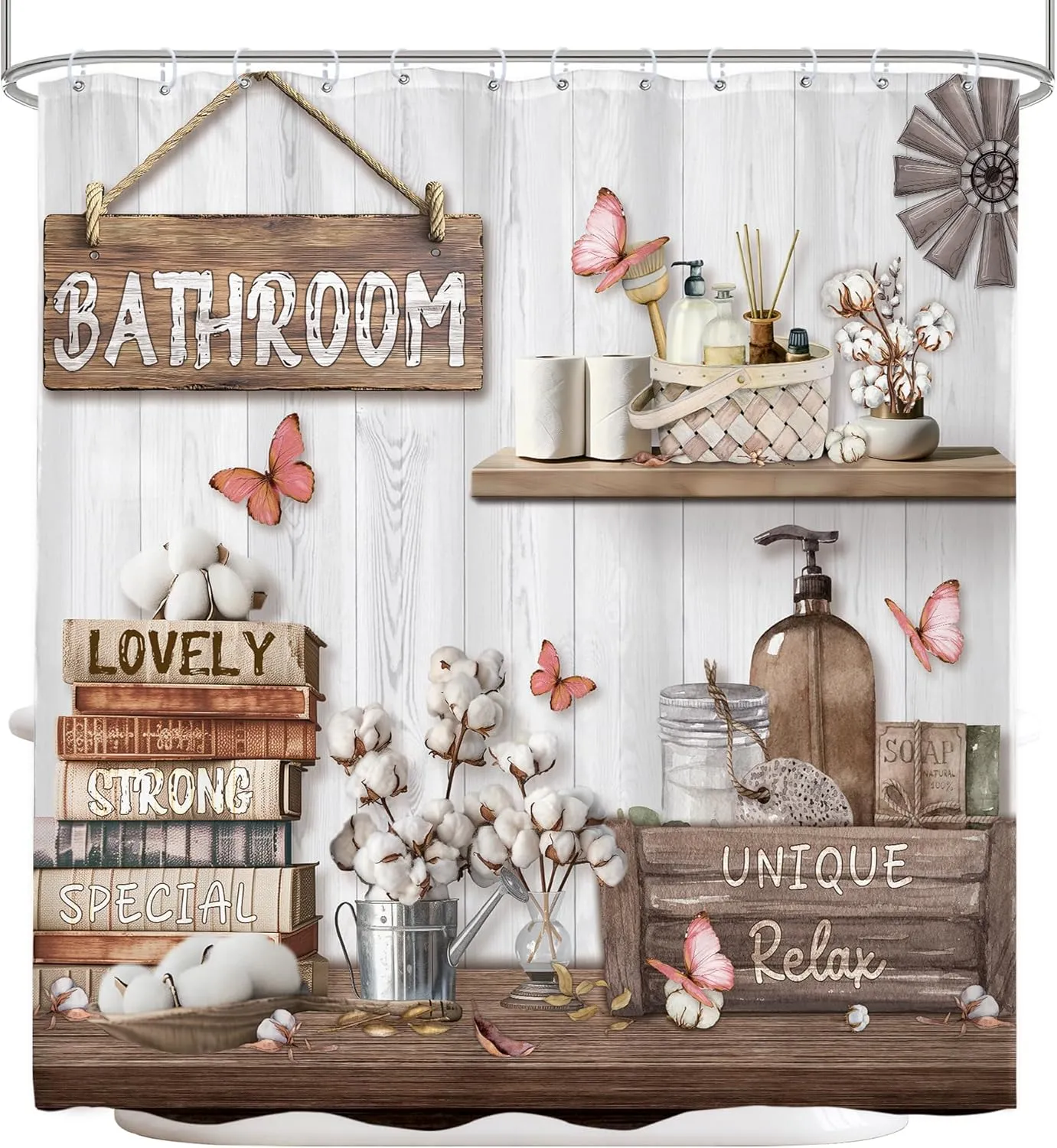 LIGHTINHOME Farmhouse Shower Curtain 72Wx72H Inches Rustic Western Wooden Inspirational Quotes Country Floral Retro Plank Butterfly Cloth Fabric Waterproof Polyester Bathroom Home Decor Set with Hooks