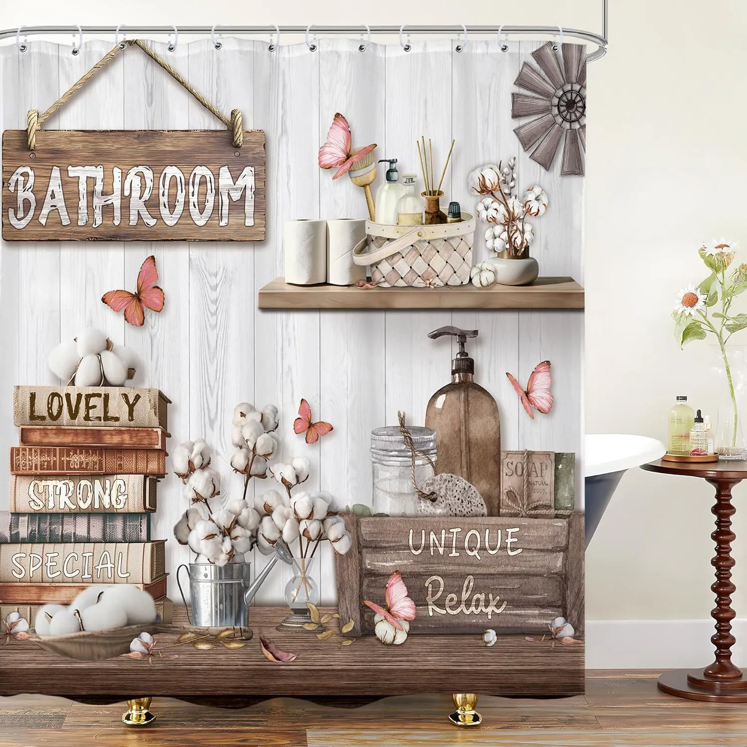 LIGHTINHOME Farmhouse Shower Curtain 72Wx72H Inches Rustic Western Wooden Inspirational Quotes Country Floral Retro Plank Butterfly Cloth Fabric Waterproof Polyester Bathroom Home Decor Set with Hooks