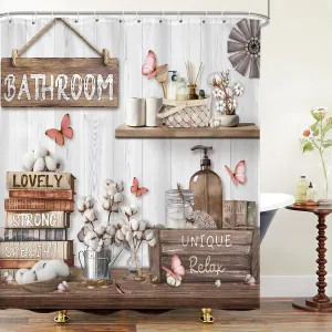 LIGHTINHOME Farmhouse Shower Curtain 72Wx72H Inches Rustic Western Wooden Inspirational Quotes Country Floral Retro Plank Butterfly Cloth Fabric Waterproof Polyester Bathroom Home Decor Set with Hooks
