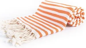 Lightweight Quick Dry Sand Free 100% Cotton Turkish Beach Towel with Fringe Edges for Boho Look | Bright Orange/White Striped Pattern Ultra Soft Plush Super Absorbent | Best for Travel Pool Spa