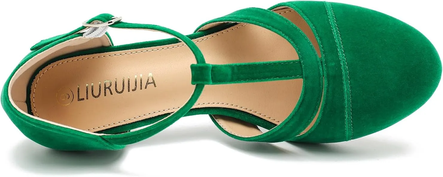 LIRUIJIA Women's Closed Toe Low Kitten Heels Cutout T-Strap Pumps Closed Toe Mary Janes Shoes for Wedding Ballroom Dance