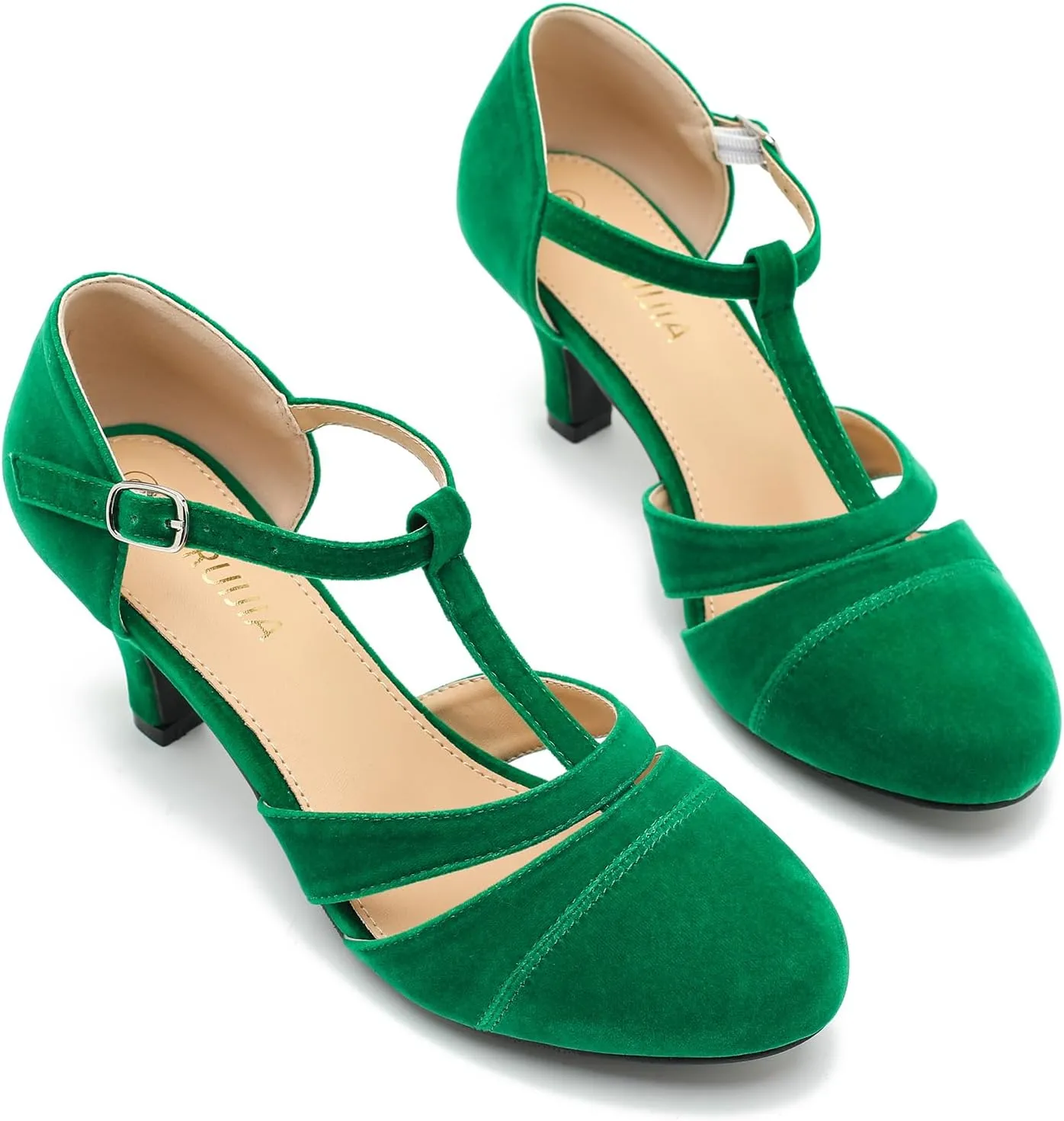 LIRUIJIA Women's Closed Toe Low Kitten Heels Cutout T-Strap Pumps Closed Toe Mary Janes Shoes for Wedding Ballroom Dance