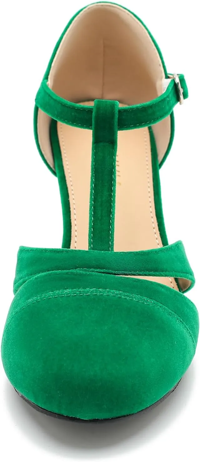 LIRUIJIA Women's Closed Toe Low Kitten Heels Cutout T-Strap Pumps Closed Toe Mary Janes Shoes for Wedding Ballroom Dance
