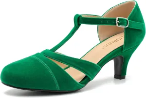 LIRUIJIA Women's Closed Toe Low Kitten Heels Cutout T-Strap Pumps Closed Toe Mary Janes Shoes for Wedding Ballroom Dance