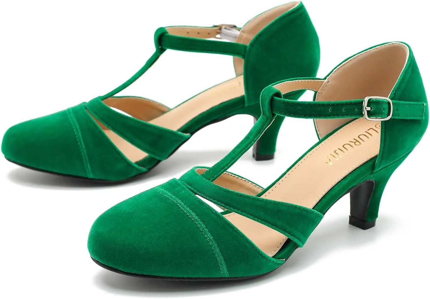 LIRUIJIA Women's Closed Toe Low Kitten Heels Cutout T-Strap Pumps Closed Toe Mary Janes Shoes for Wedding Ballroom Dance