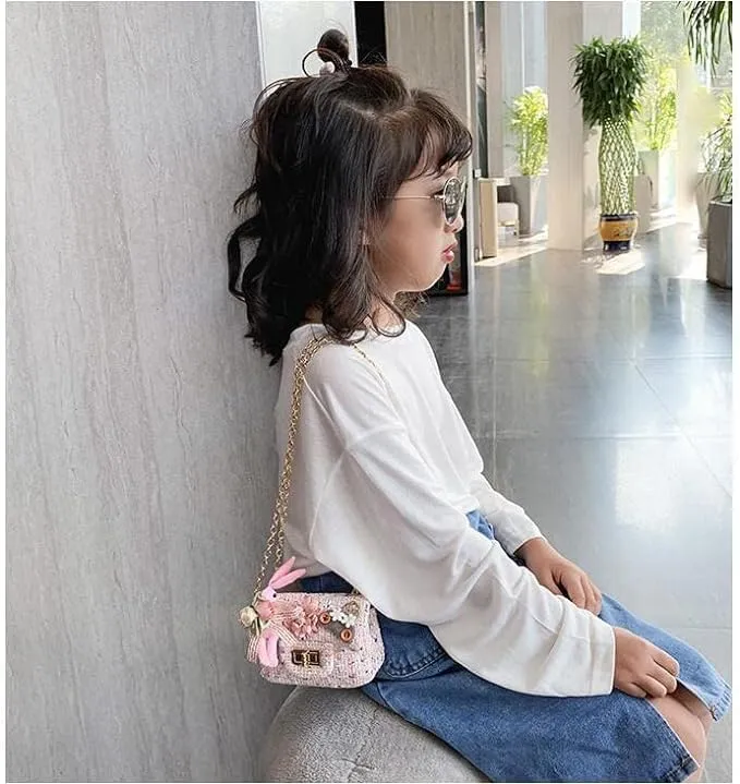 Little Girls Crossbody Purses for Kids Fashionable Handbag Flower Bunny Tweed Purse for Baby Girls
