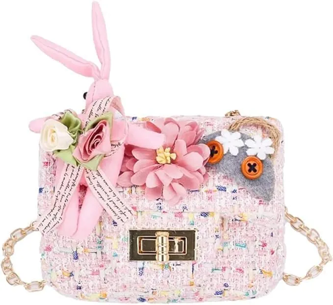 Little Girls Crossbody Purses for Kids Fashionable Handbag Flower Bunny Tweed Purse for Baby Girls