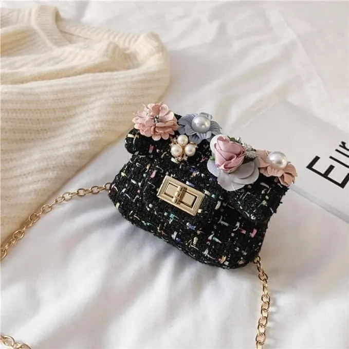 Little Girls Crossbody Purses for Kids Fashionable Handbag Flower Bunny Tweed Purse for Baby Girls